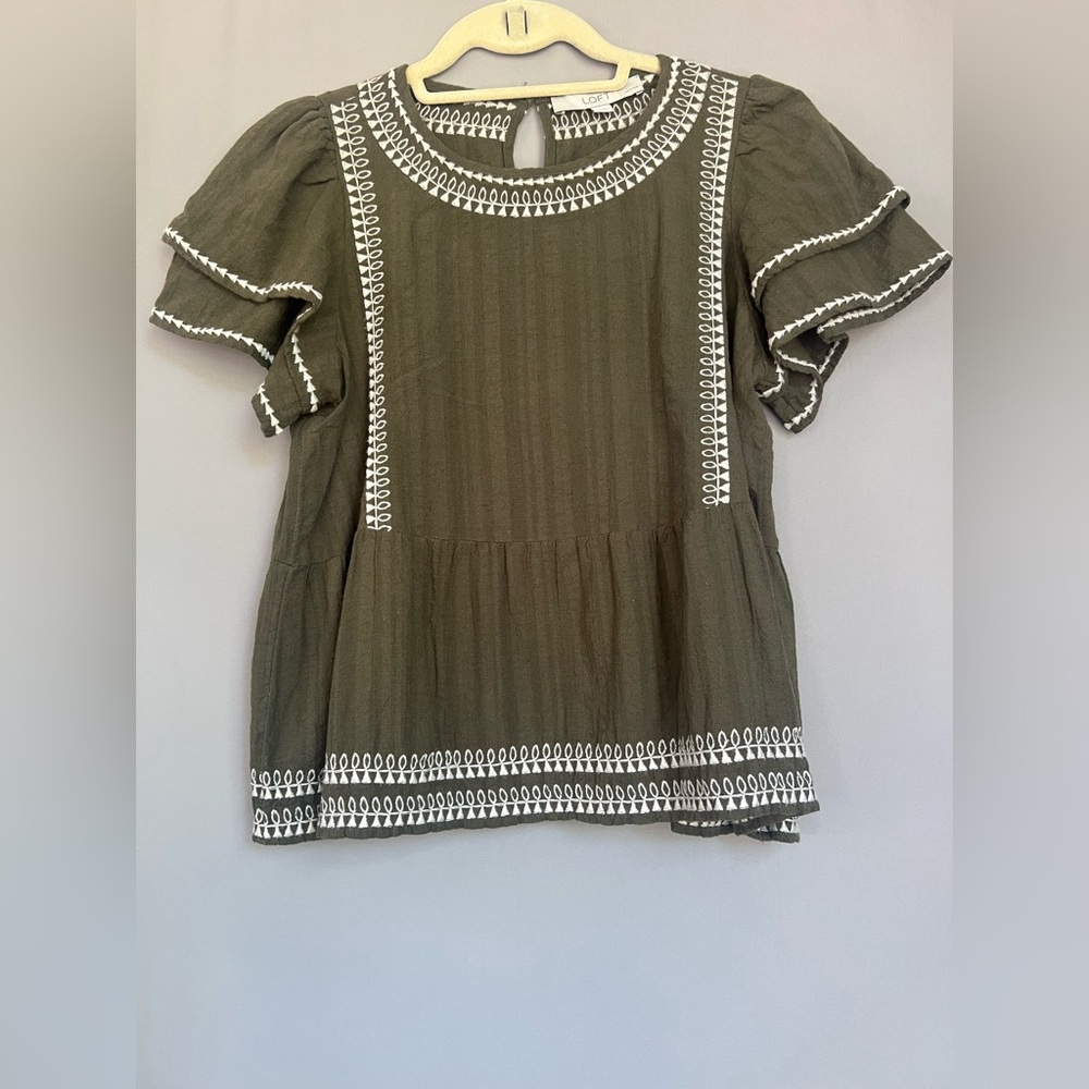 LOFT Olive Embroidered Top